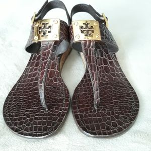 Tory Burch Leather Croc Embossed T-Strap Sandal